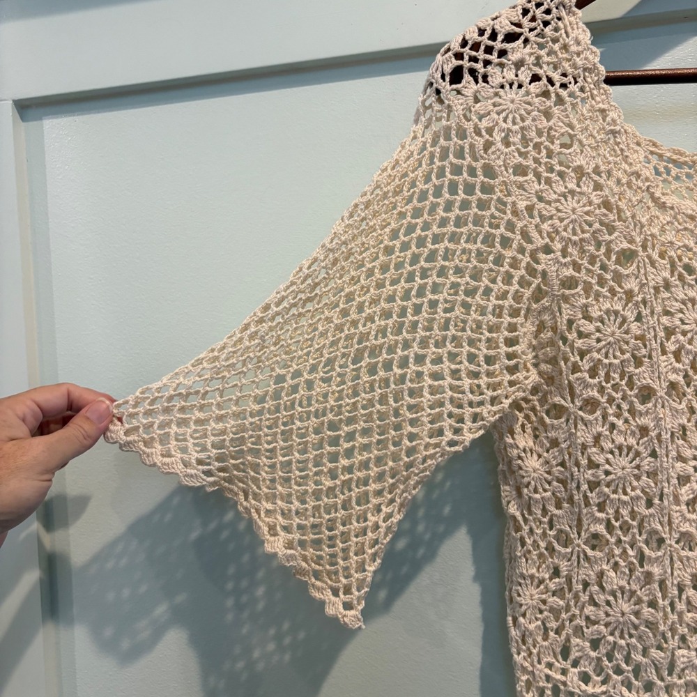 Vtg Foyen's of Hawaii Crochet Swim Cover Up Small Cream Boho Floral Mesh Tunic - Picture 6 of 11